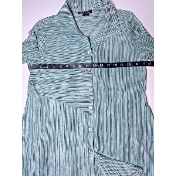 Michael Tyler Womens Small Green Striped Button Front Blouse Asymmetrical Hem - Picture 11 of 14